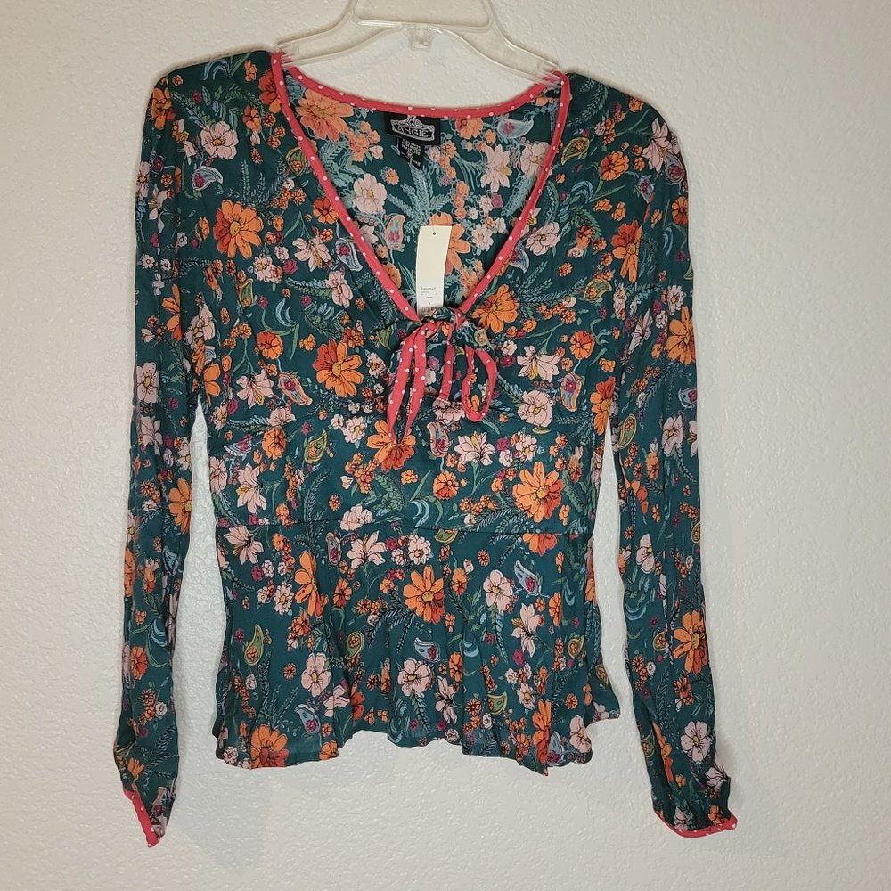 Francesca's Collections Teal & Orange Tie Front Long Sleeve Top